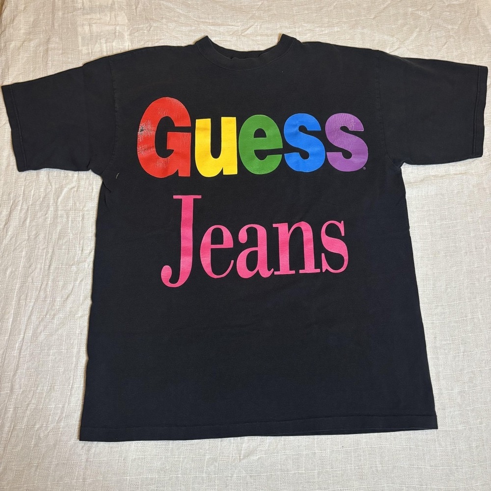 Vintage Guess Jeans Shirt Mens One Size Black Rainbow Logo Graphic 80s